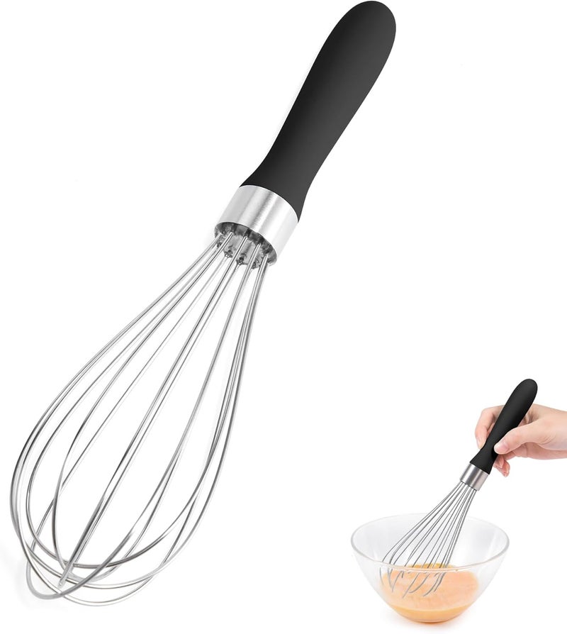 Doosu 18/8 Stainless Steel Balloon Whisk, Kitchen Whisk for Cooking Handheld Egg Beater with Rust-Proof Sturdy Wires & Non-Slip Silicone Handle for Beating, Stirring, Blending (6 Wires, Black) - Image 1